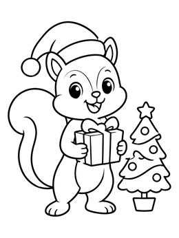 A cheerful squirrel coloring page holding a wrapped gift beside a little Christmas tree.