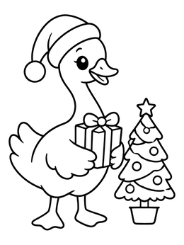 A cheerful swan wearing a Santa hat holds a present in this swan coloring page beside a Christmas tree.