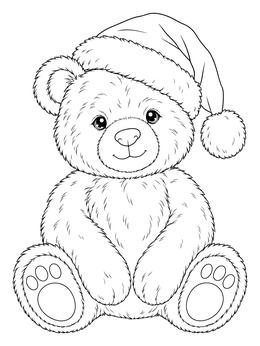 A fluffy christmas bear coloring page featuring a cute seated teddy wearing a Santa hat.