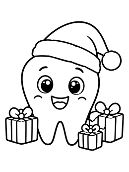 A cheerful tooth coloring page featuring a Santa hat and small wrapped Christmas gifts.