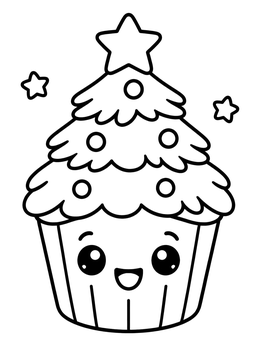 A smiling Christmas tree cupcake coloring page with star decorations.