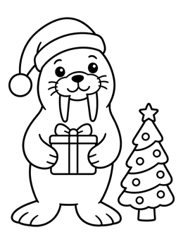 A festive walrus coloring page featuring a Santa hat, wrapped gift, and decorated Christmas tree.