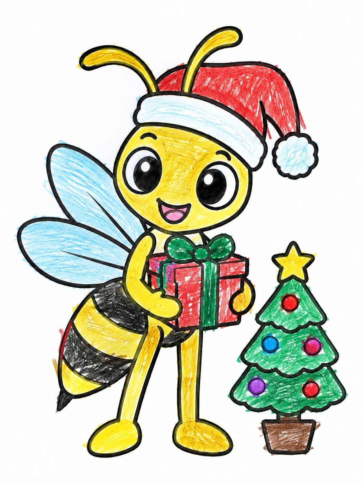 Colored example of the Cute Christmas Wasp With Present coloring page