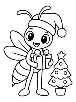 A cheerful cartoon wasp coloring page with Santa hat and a gift beside a mini tree.