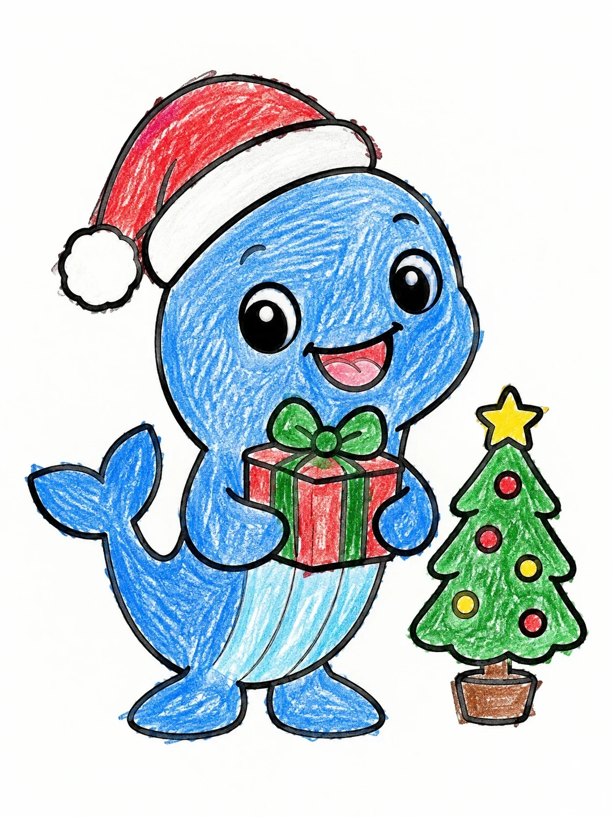 Colored example of the Cute Christmas Whale With Present coloring page