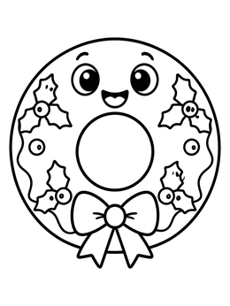 A festive donut coloring page styled as a holiday wreath with a cute face and bow.