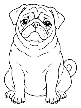 A sitting dog in this detailed pug coloring page with wrinkled face and curly tail.