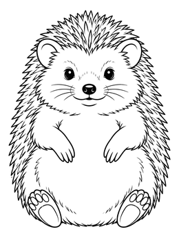 A hedgehog coloring page showing a round, chubby hedgehog sitting upright with detailed quills.
