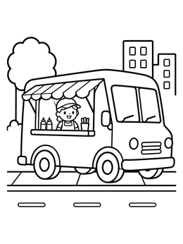 A happy chef serves snacks in this food coloring page with a city food truck.