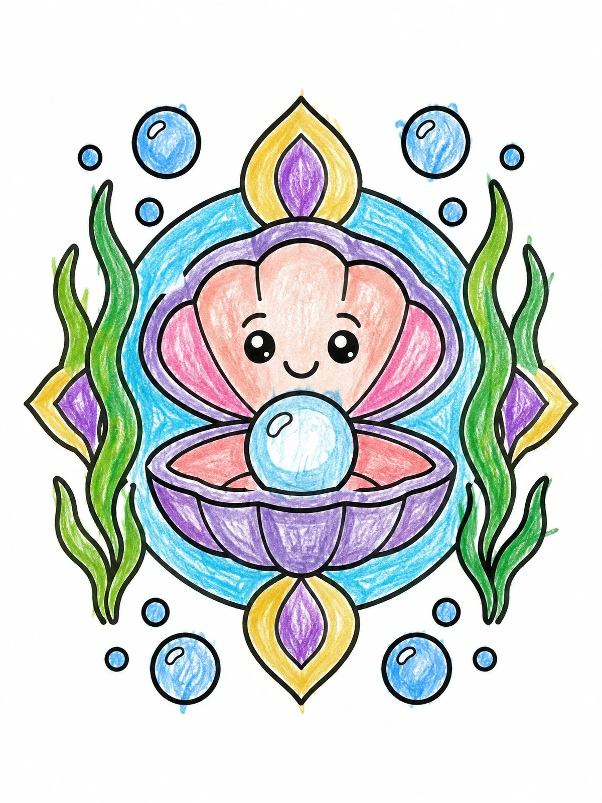 Colored example of the Cute Clam With Pearl Underwater coloring page