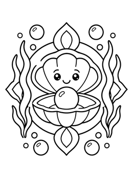 A smiling sea clam coloring page holding a bright pearl underwater.