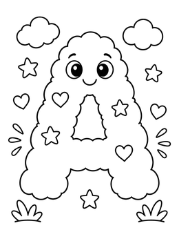 A smiling letter A coloring page shaped like a fluffy cloud surrounded by stars.