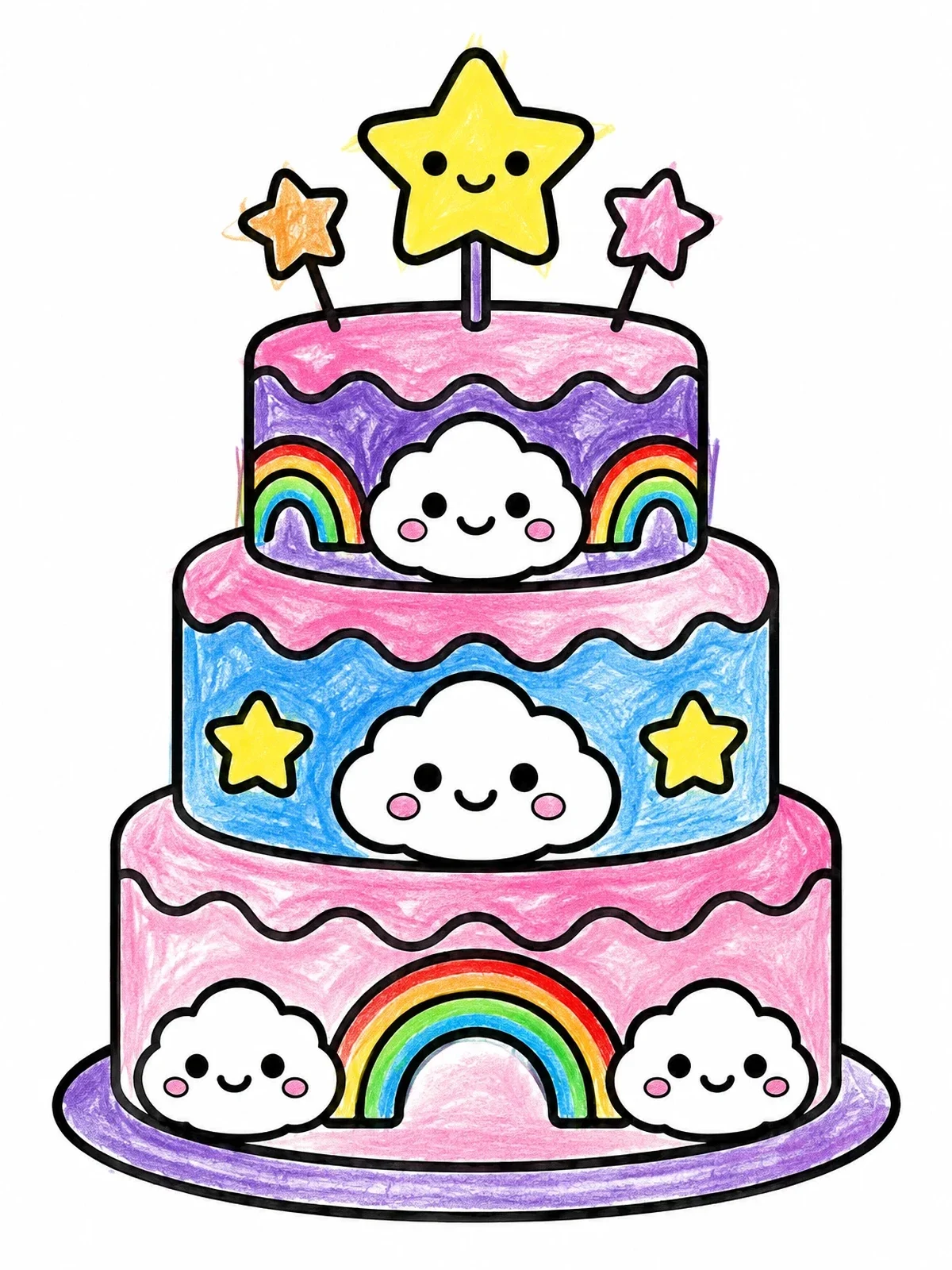 Colored example of the Cute Cloud And Star Tiered Cake coloring page