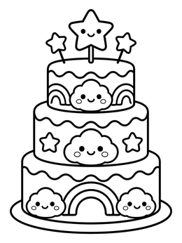 A cheerful three-tier celebration cake coloring page decorated with smiling clouds and stars.