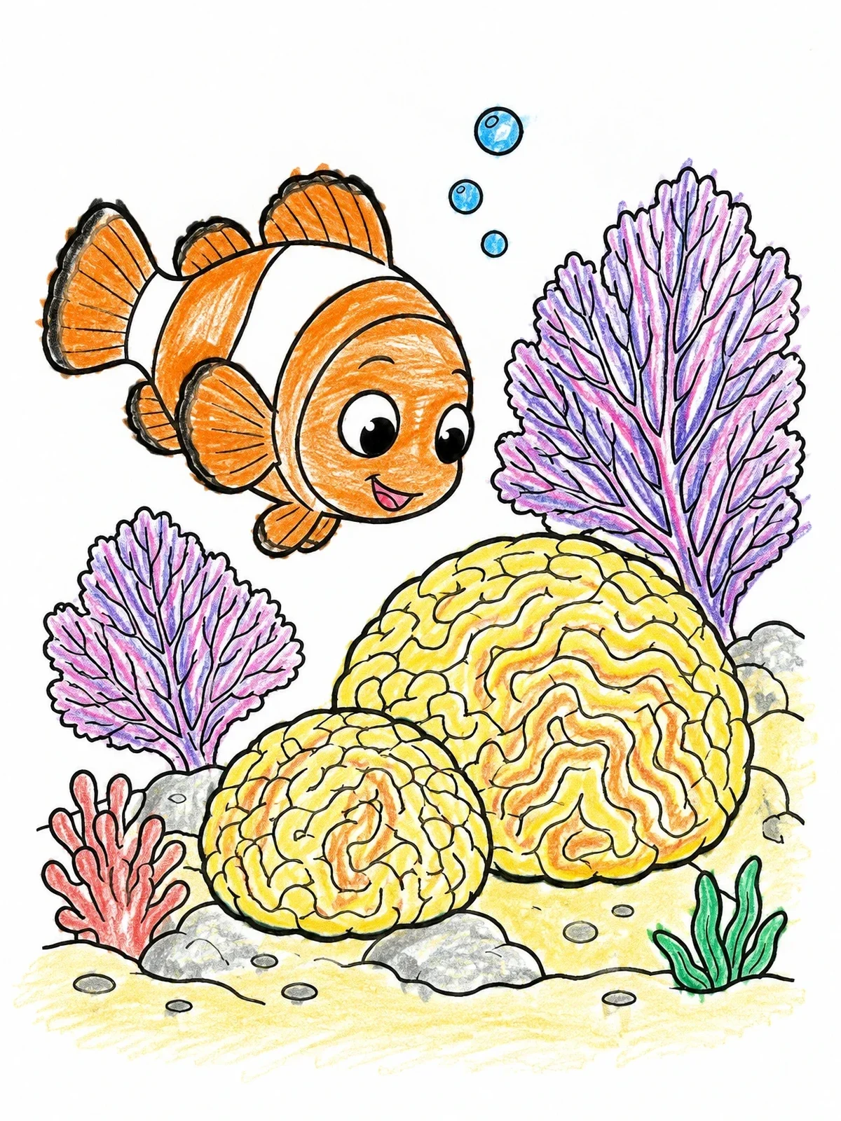 Colored example of the Cute Clownfish By The Brain Coral coloring page
