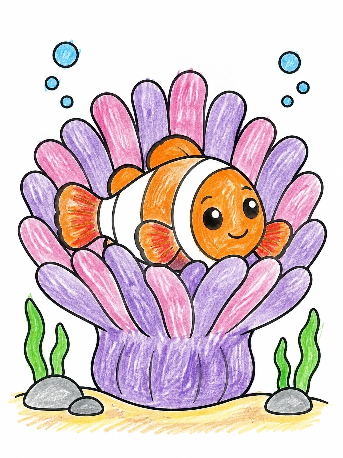 Colored example of the Cute Clownfish In Sea Anemone coloring page