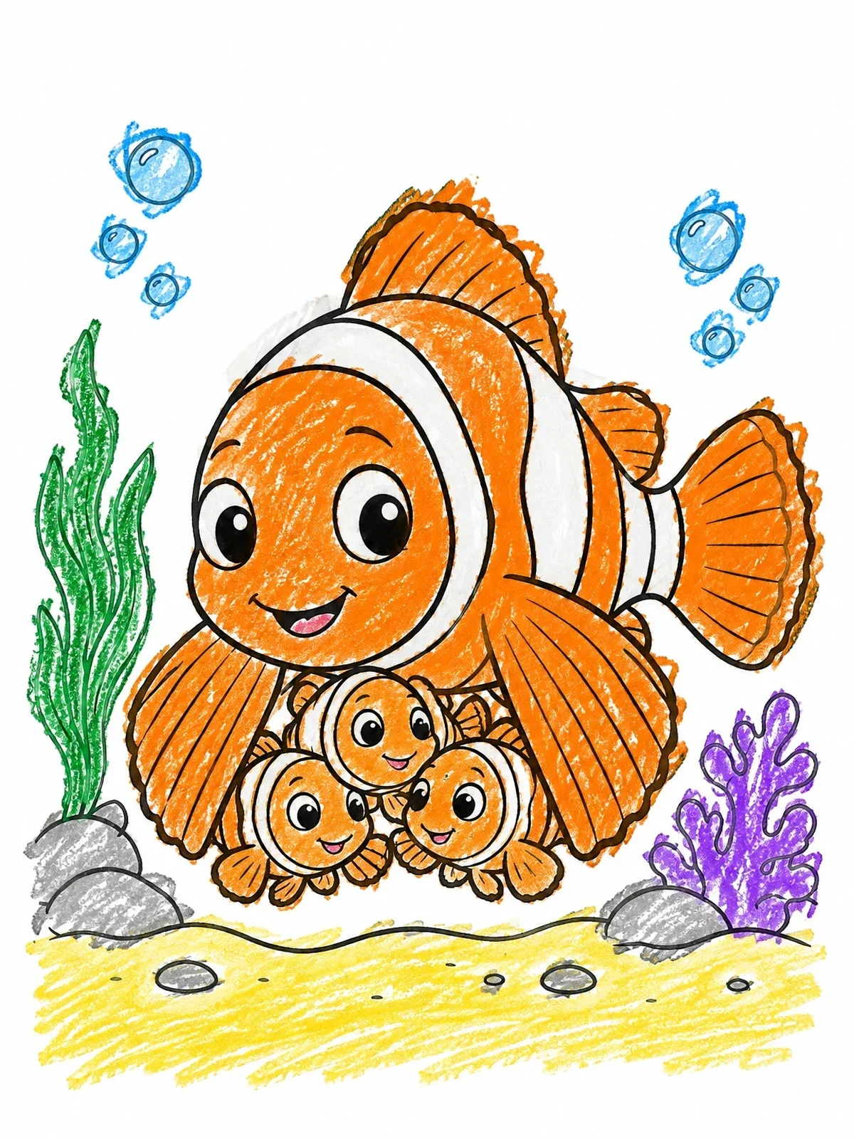 Colored example of the Cute Clownfish With Tiny Babies coloring page
