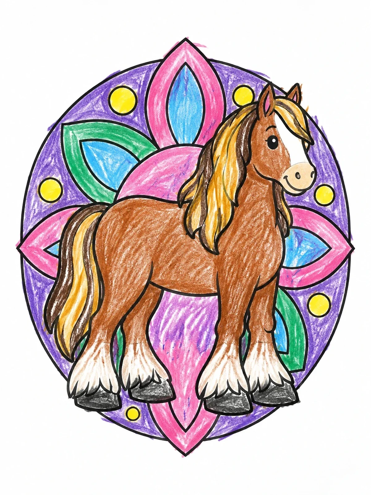 Colored example of the Cute Clydesdale Horse With Mandala Pattern coloring page