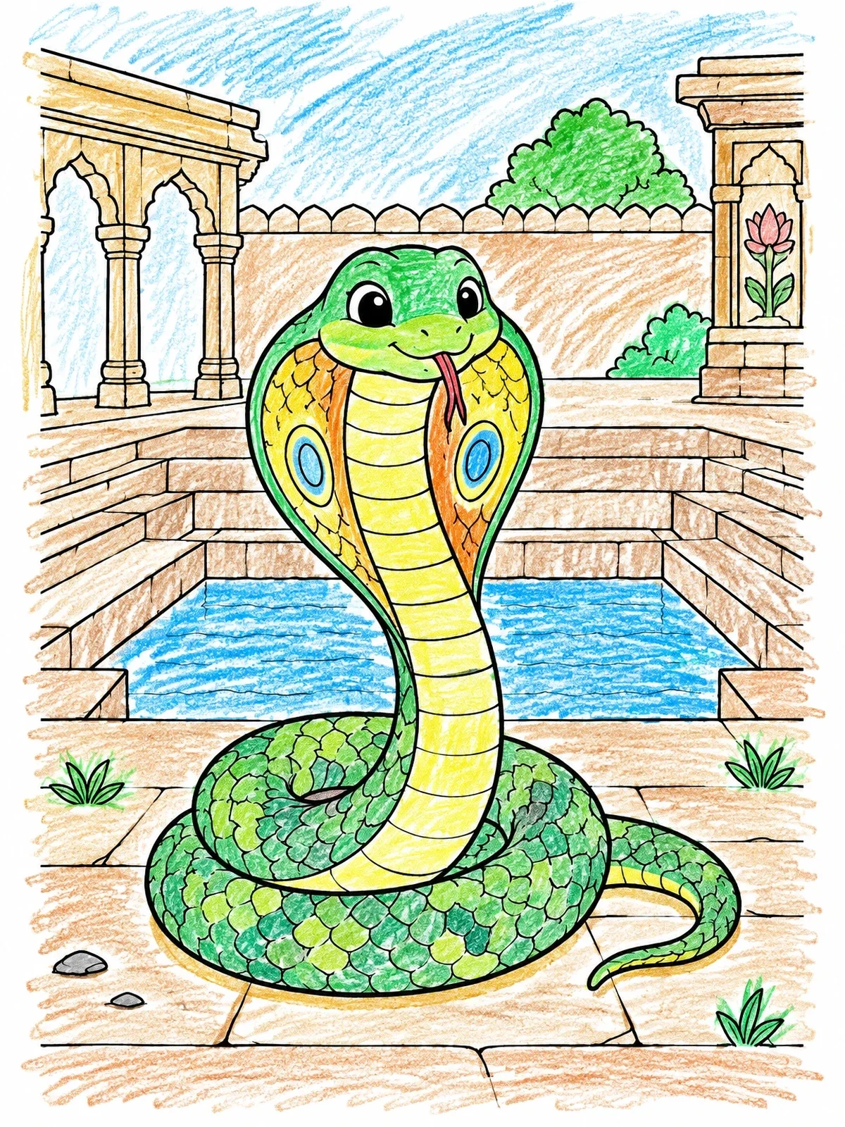 Colored example of the Cute Cobra By An Ancient Stepwell coloring page