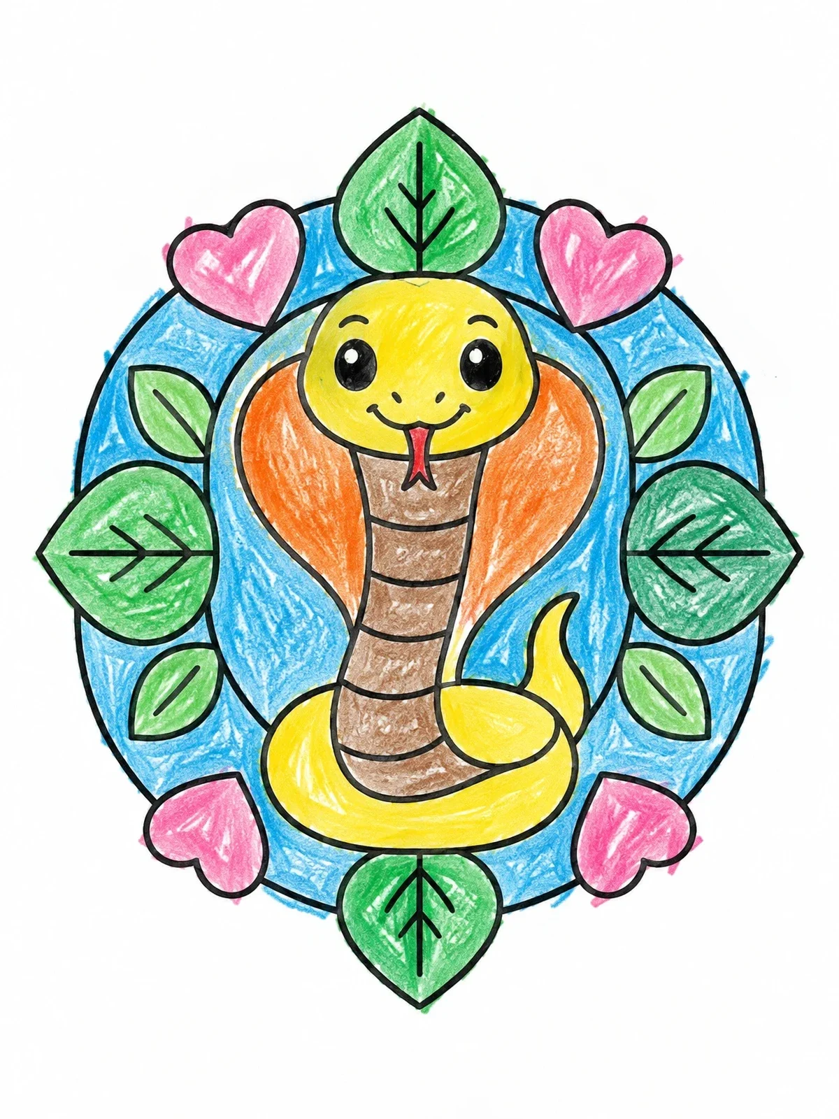 Colored example of the Cute Cobra With Heart Mandala coloring page