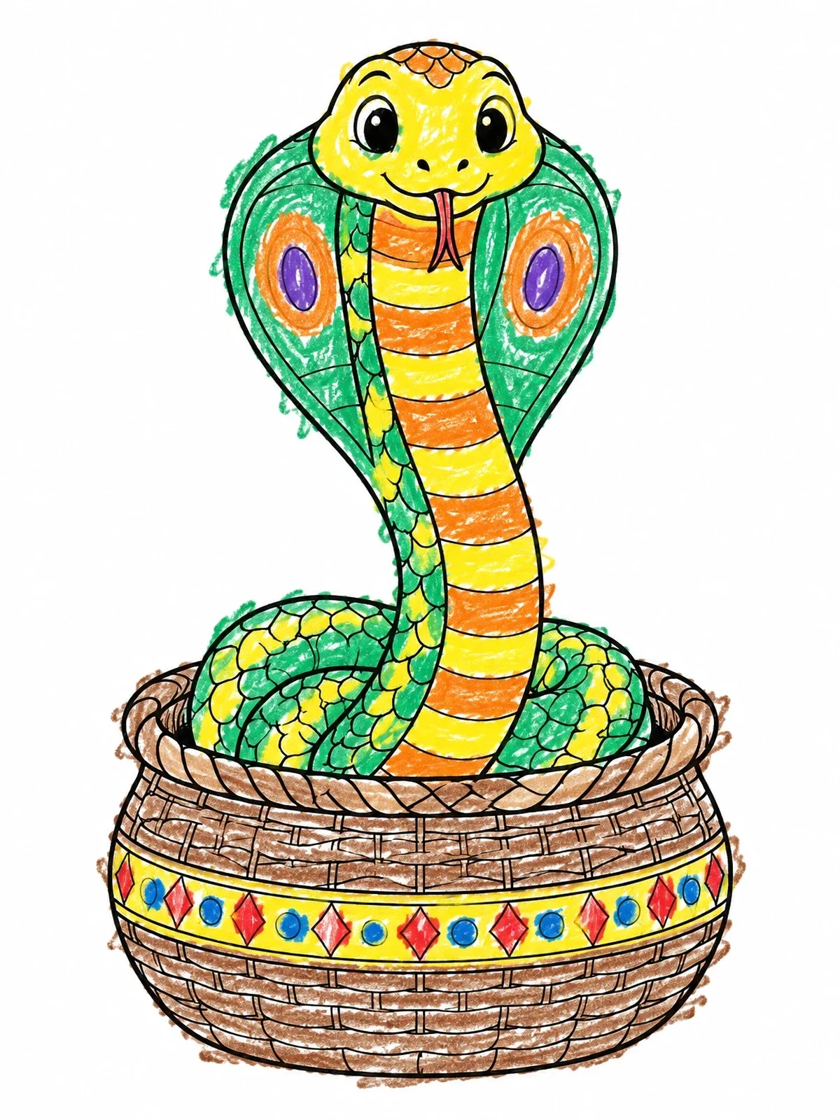 Colored example of the Cute Cobra In A Woven Basket coloring page