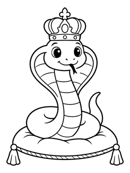 A friendly cobra coloring page featuring a crowned serpent on a plush cushion.