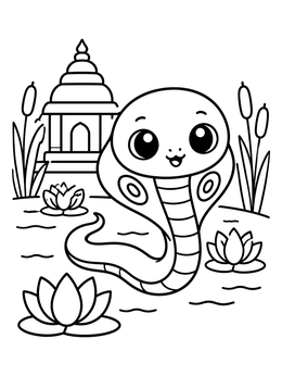 A friendly cobra coloring page featuring a temple pond with lotus blossoms.