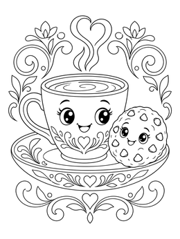 A smiling teacup and cookie in this coffee coloring page.