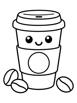 A smiling takeout cup coloring page surrounded by coffee beans with bold outlines.