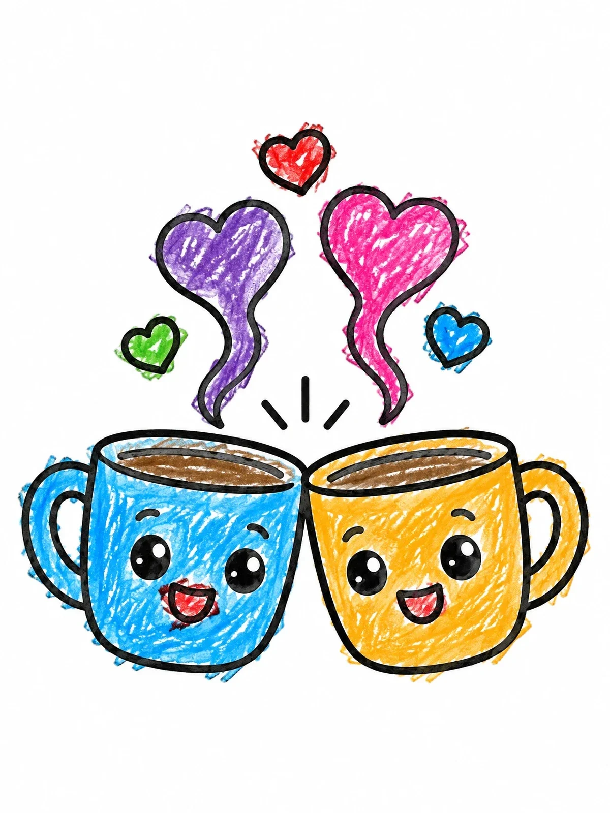 Colored example of the Cute Coffee Cups Clinking coloring page