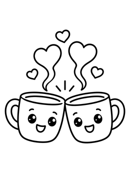 Two smiling mugs toast in this sweet coffee coloring page with heart steam.