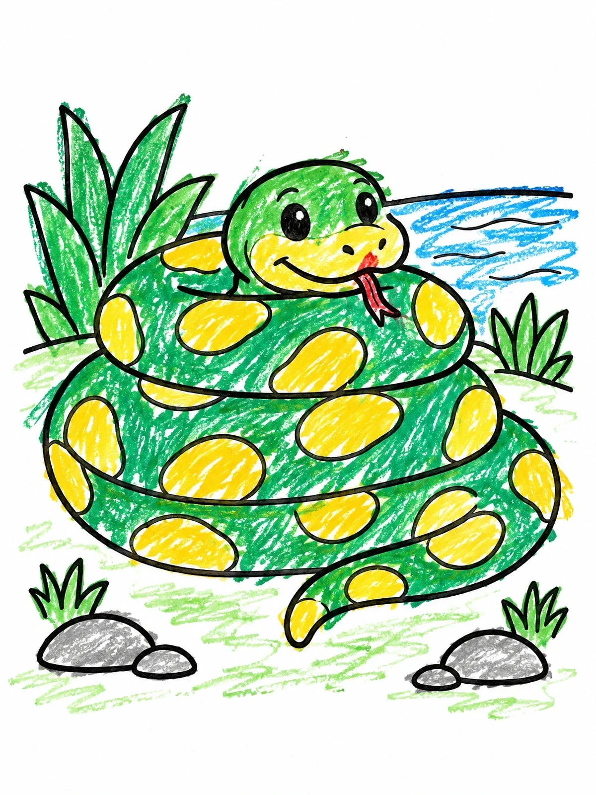 Colored example of the Cute Coiled Anaconda Snake coloring page