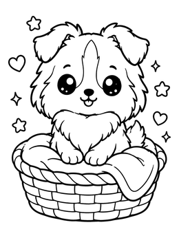 Free printable Cute Collie Puppy In A Basket coloring page