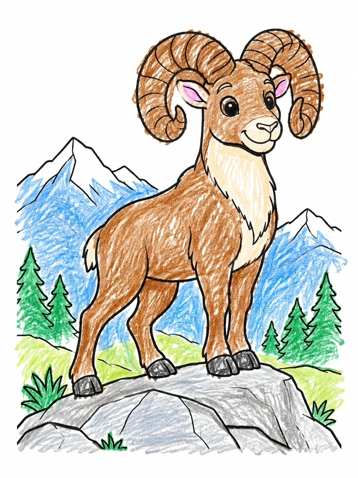 Colored example of the Cute Bighorn Sheep In Rocky Mountains coloring page