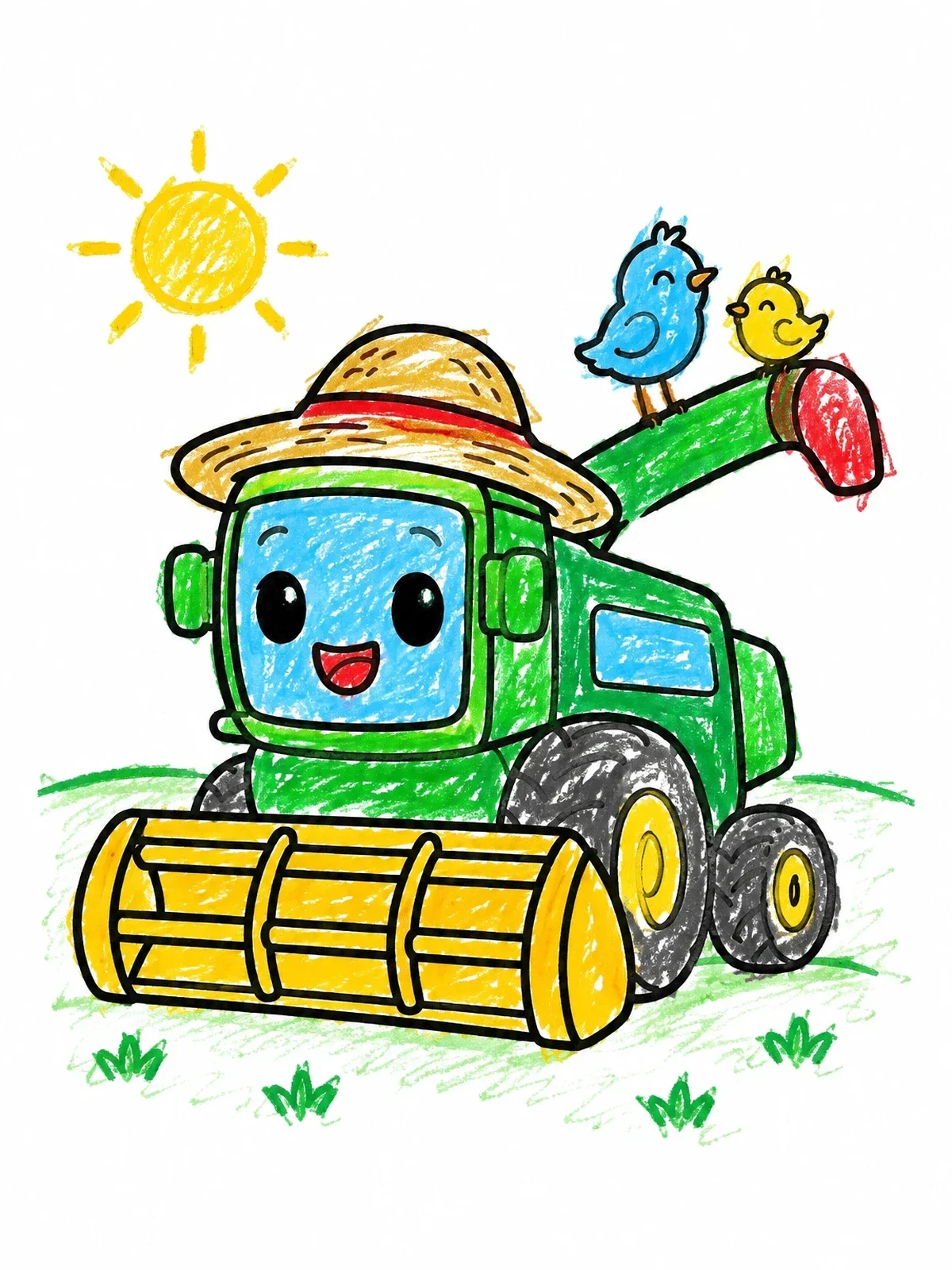Colored example of the Cute Combine Harvester With Straw Hat coloring page