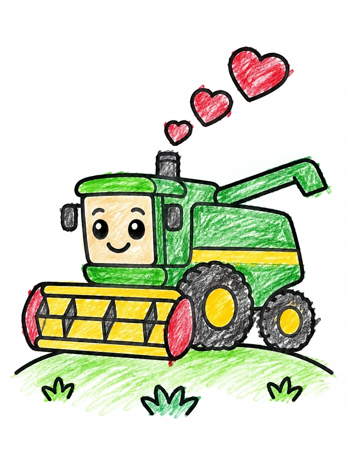 Colored example of the Cute Combine Harvester With Hearts coloring page