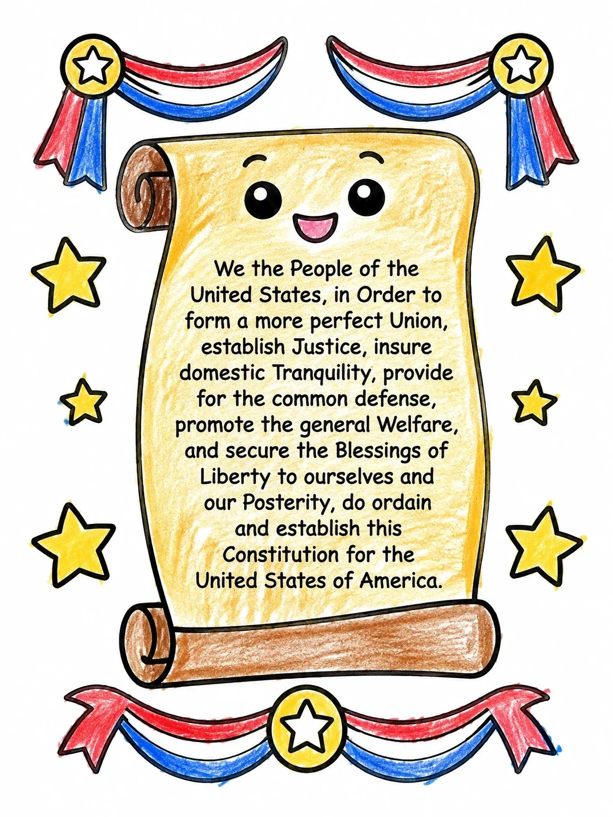 Colored example of the Cute Constitution Preamble Scroll coloring page