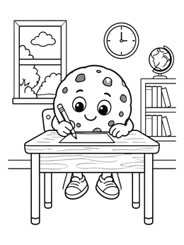 A cheerful cartoon cookie coloring page with a student writing at a classroom desk.