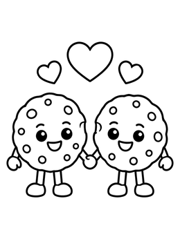Two smiling cartoon cookies holding hands under floating hearts on this cookie coloring page.