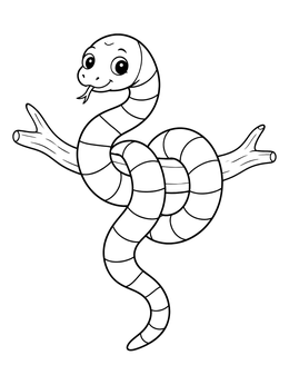 A friendly striped snake curls on a branch in this cute coral coloring page.