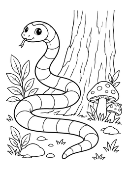 A friendly striped snake crawls by mushrooms in this coral coloring page.