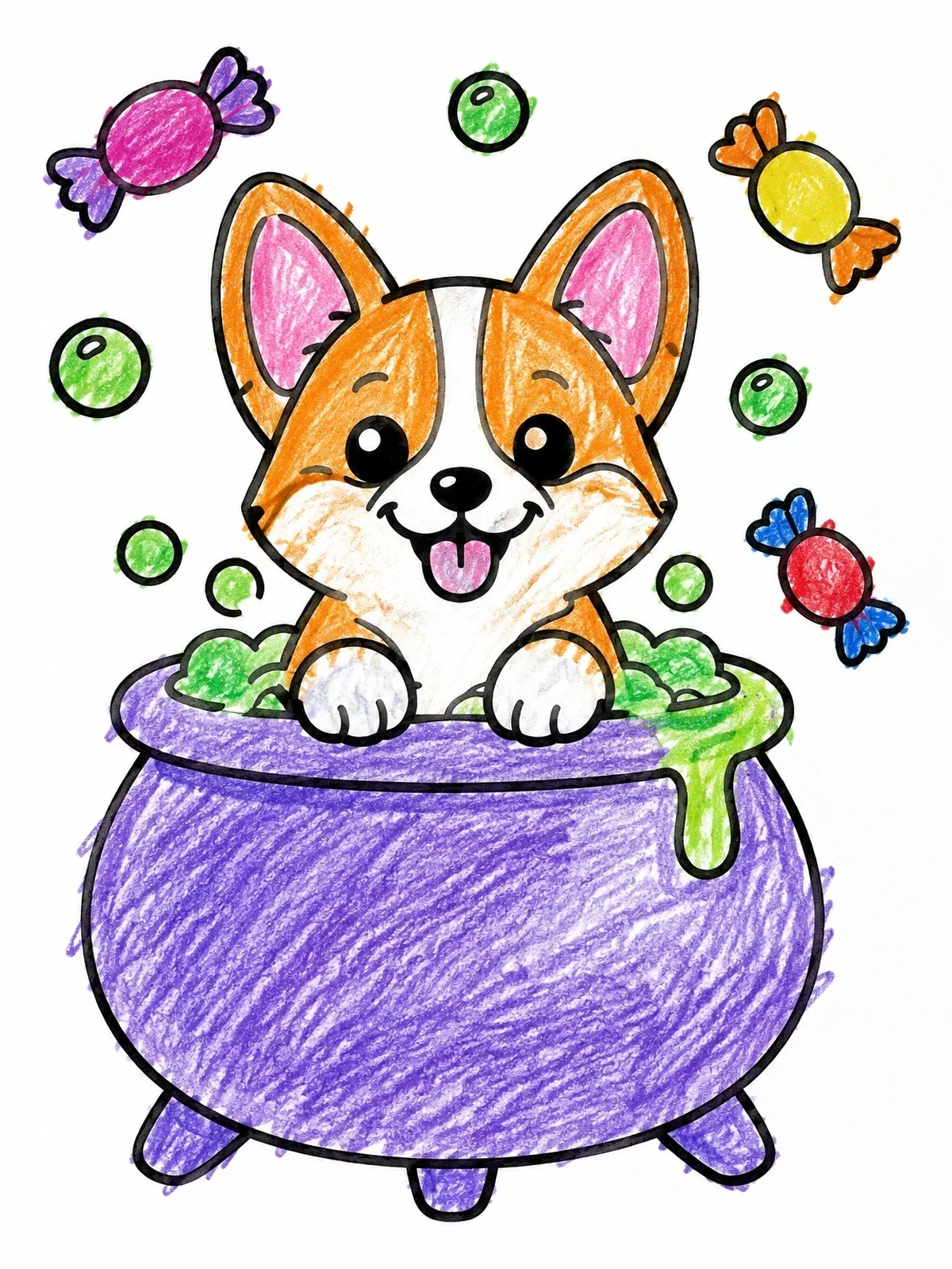 Colored example of the Cute Corgi In Halloween Cauldron coloring page