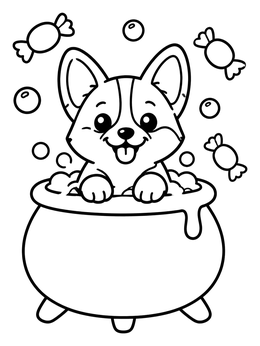 Free printable Cute Corgi In Halloween Cauldron coloring page