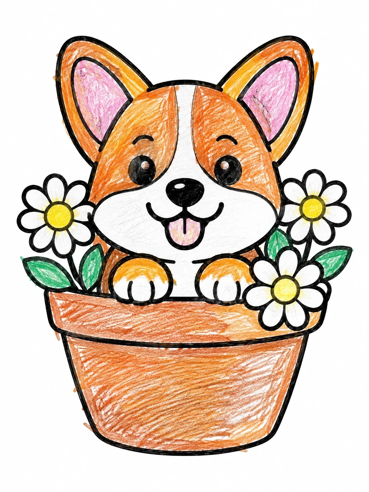 Colored example of the Cute Corgi In Flower Pot coloring page