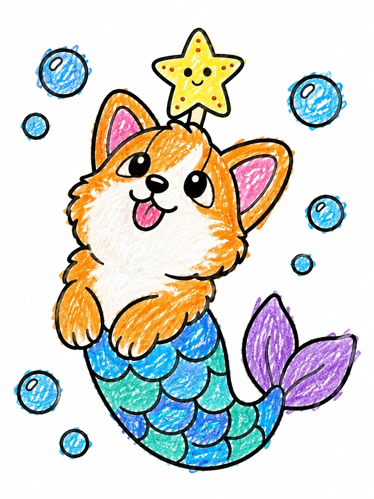 Colored example of the Cute Mermaid Corgi With Starfish coloring page