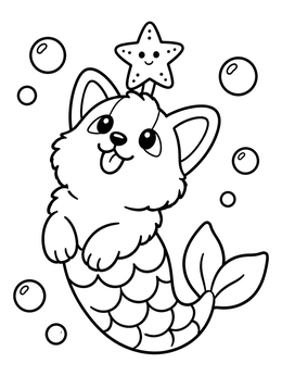 Free printable Cute Mermaid Corgi With Starfish coloring page
