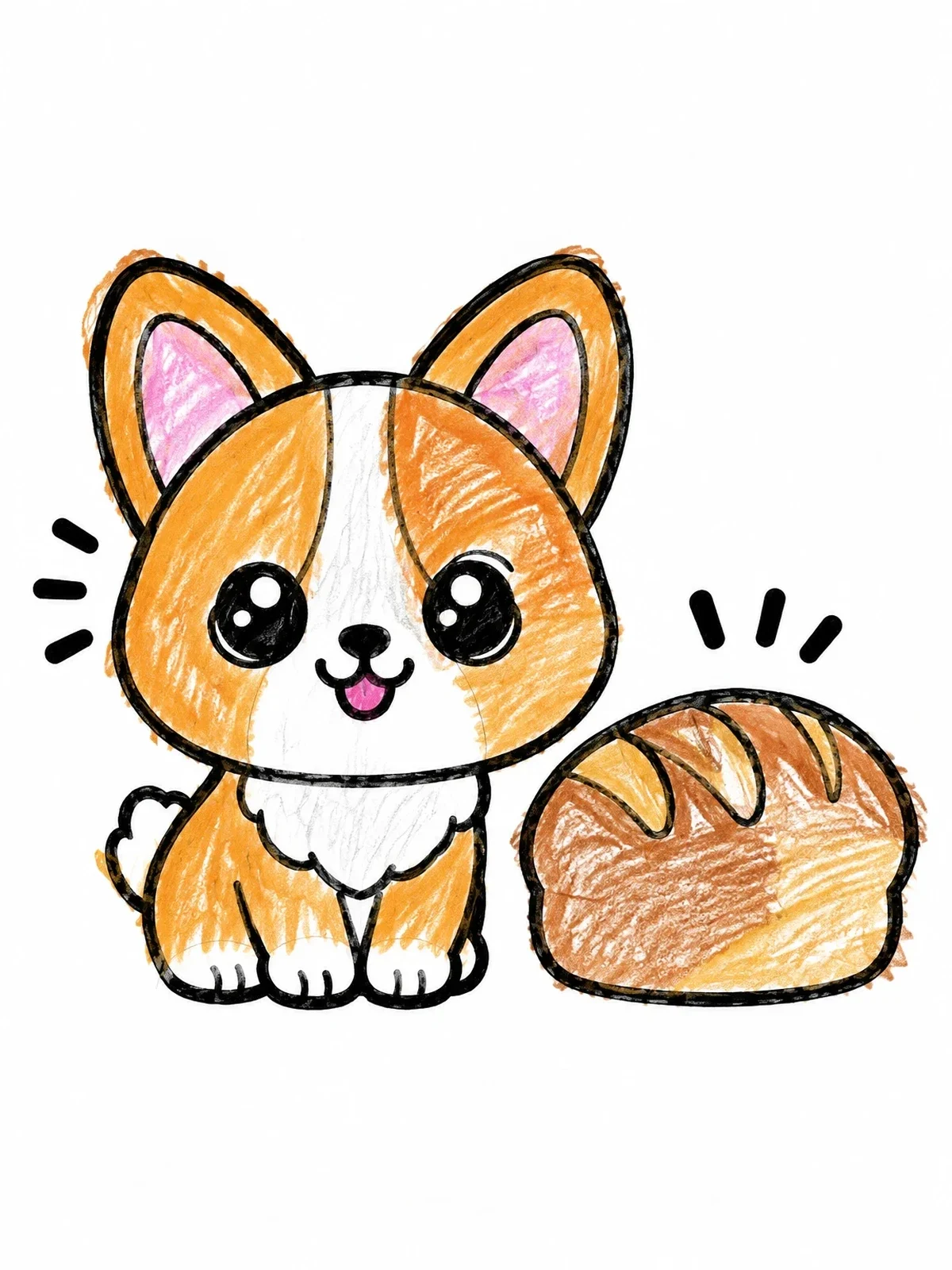 Colored example of the Cute Corgi Puppy And Bread Loaf coloring page