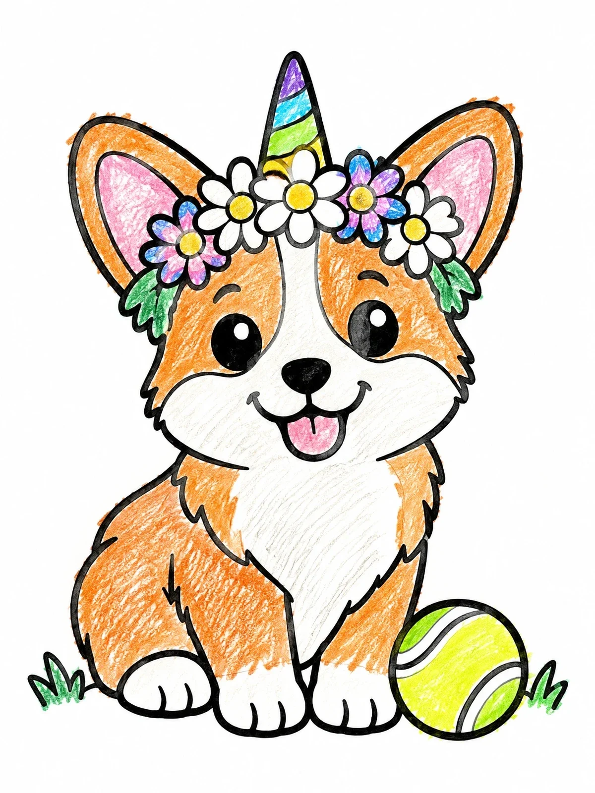 Colored example of the Cute Corgi Puppy Unicorn With Ball coloring page