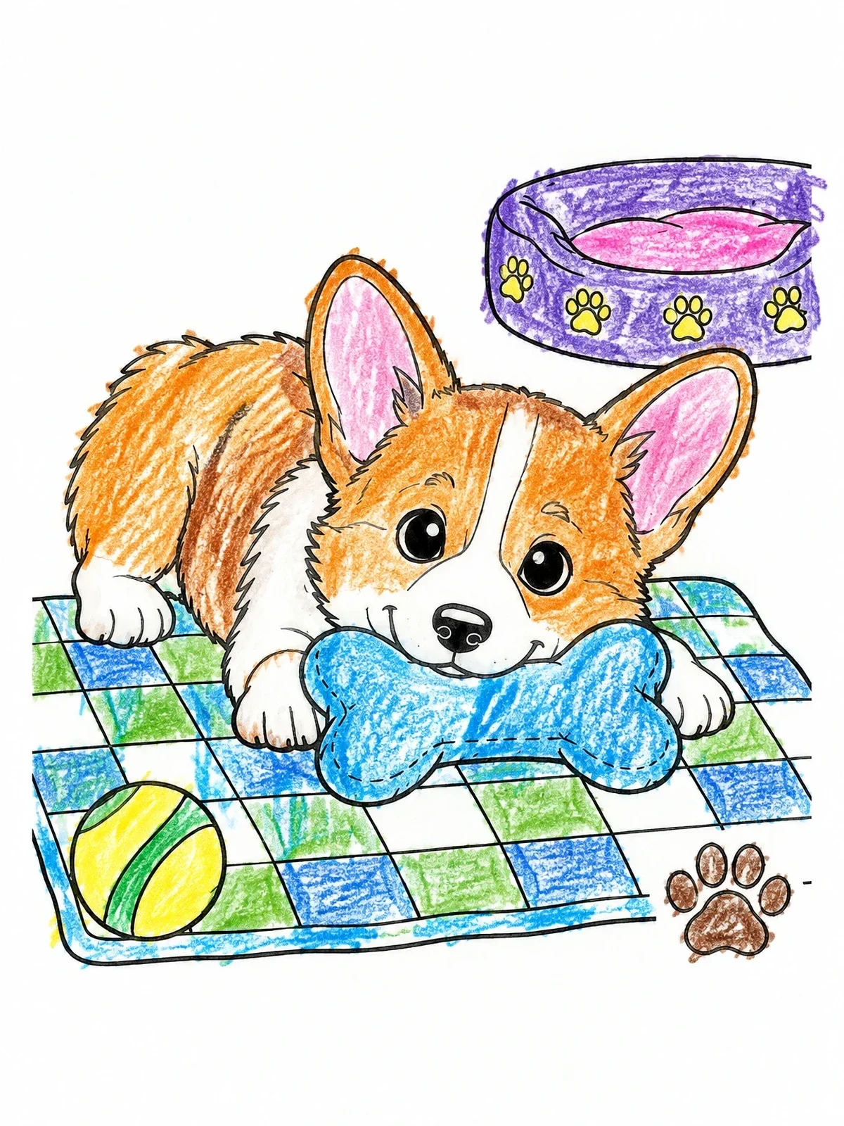 Colored example of the Cute Corgi Puppy With Bone coloring page
