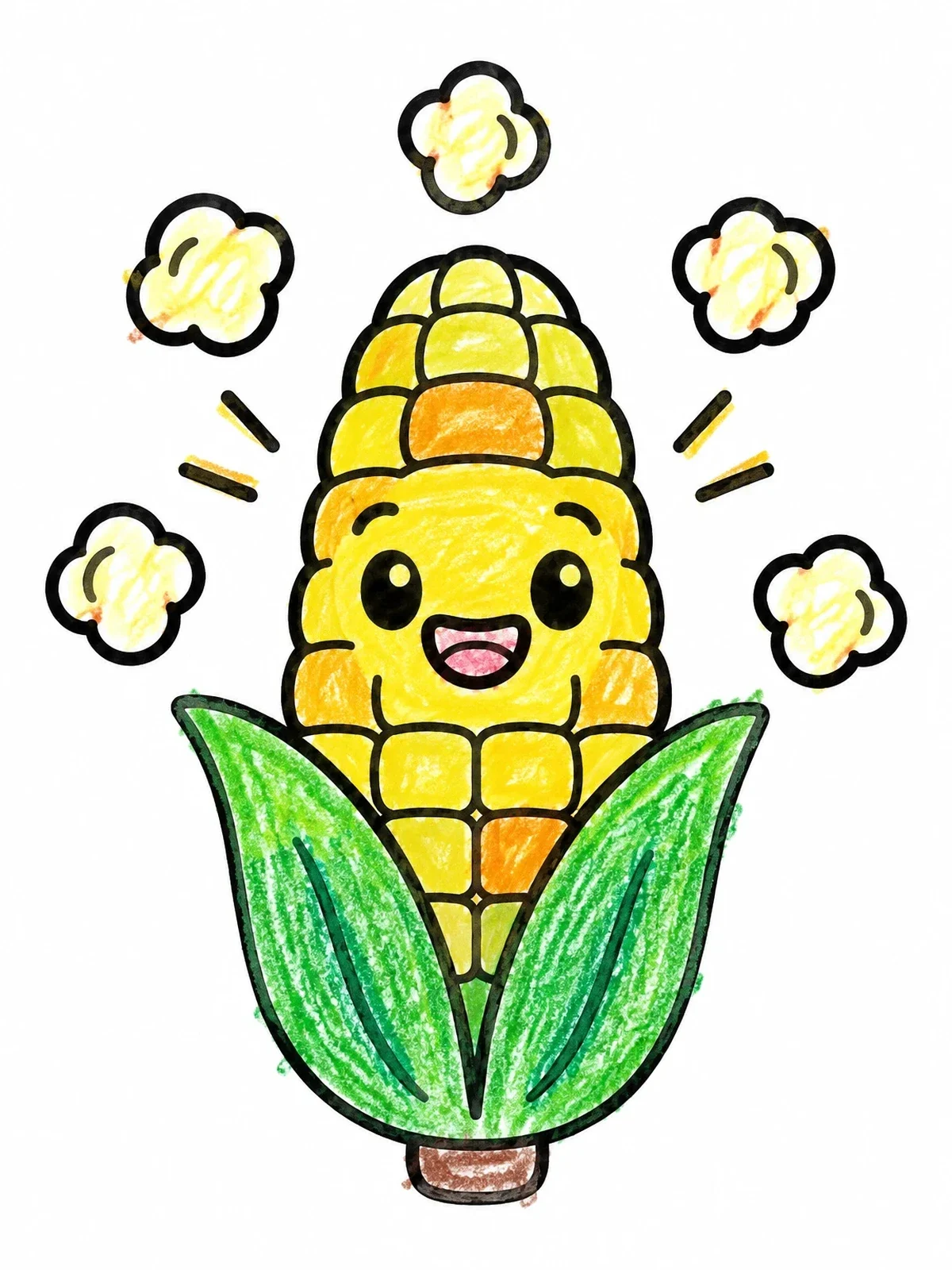 Colored example of the Cute Corn Cob With Popcorn coloring page